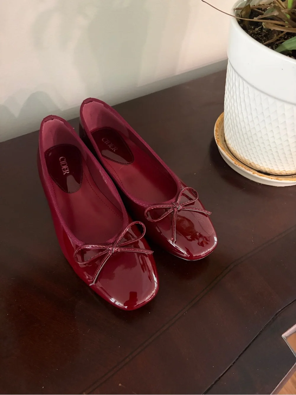 Cider Burgundy Patent Leatherette Ballet Flats with Bow Accent and Square Toe